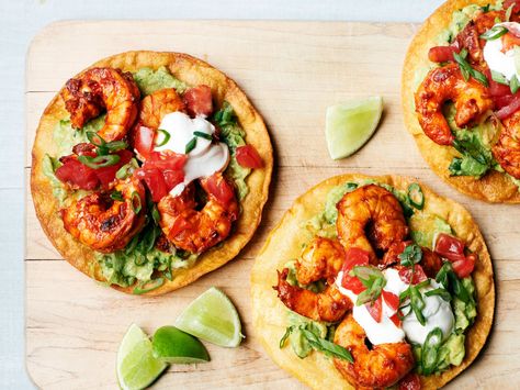 Shrimp-Avocado Tostadas recipe from Food Network Kitchen via Food Network Mashed Avocado Toast, Avocado Tostadas, Tostadas Recipe, Shrimp Tostadas, Freeze Avocado, Tostada Recipes, Mexican Night, Shrimp Avocado, Food Network Magazine