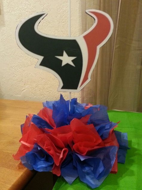 Texans centerpiece. Very easy to make. Just need foam and added tissue paper! :) I made this for my brothers party Houston Texans Cake, Football Baby Shower, Sports Party Decorations, Texans Football, Football Theme Party, Football Birthday Party, 70th Birthday Parties, Football Birthday, Boy Baby Shower Themes