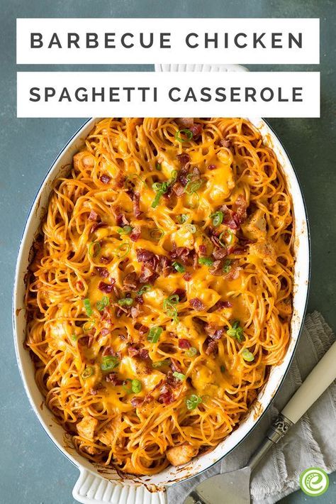 Barbecue Chicken Spaghetti Casserole | eMeals.com Barbecue Spaghetti Recipe, Bbq Spaghetti, Casserole Crockpot Recipes, Chicken Spaghetti Casserole, Chicken Spaghetti Recipes, Spaghetti Dinner, Italian Dinner Recipes, Spaghetti Casserole, Homemade Spaghetti