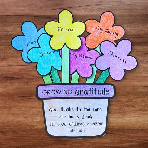 This craft is perfect for teaching children Bible stories and scripture. This activity features flowers and a flower pot to color, cut and assemble.  Write on each flower the things that the child is thankful for. This is an excellent homeschool or religious activity for kids. Whether you're a church leader looking to teach Bible stories to kids during church services, or you just want to provide a fun and educational activity for your kids, this creation pocket craft is a great choice.  Simply Gratitude Flower, Bible Crafts Sunday School, Christian Homeschool, Children's Church Crafts, Give Thanks To The Lord, Bible Activities For Kids, Sunday School Crafts For Kids, Bible Verse Coloring, Bible School Crafts