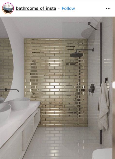 Gold tile- glam gold backsplash Gold Tiles Bathroom, Latest Bathroom Tiles Design, Gold Tiles, Glamorous Bathroom Decor, Patterned Tile Backsplash, Gold Tile, White Bathroom Tiles, Bathroom Tile Designs, Shower Tile Designs