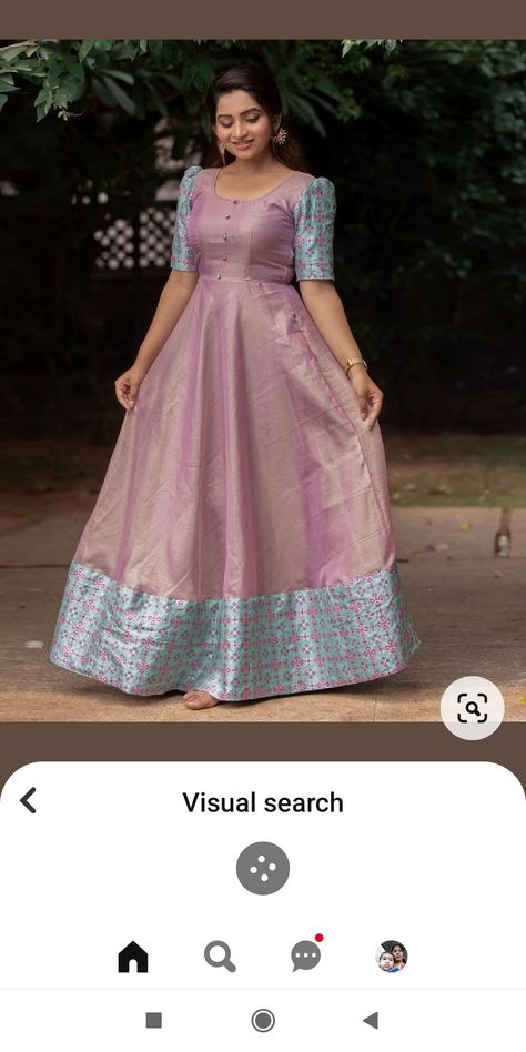 Maxi Dress Models For Stitching, Pattu Maxi Dress, Puff Hands Designs For Long Frocks, Long Frock Stitching Ideas, Pattu Chudidhar Models For Stitching, Traditional Maxi Dress Indian, Pattu Saree Frocks Designs, Pattupavadai Designs For Women, Pattu Saree To Dress Convert Ideas