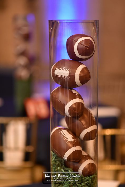 Football First Birthday Centerpieces, Centerpieces For Sports Party, Football Senior Serve Table Ideas, Football Themed Table Centerpieces, Centerpieces Football Theme, Football Themed Birthday Party Centerpieces, 1st Birthday Football Theme Centerpieces, Football Grooms Table, Football Dinner Centerpieces