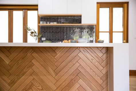 House made herringbone to the back of the island by @spacecraftjonery #timber #design #kitchen #herringbone #details #neutrals Herringbone Wood Cabinet, Herringbone Wood Backsplash, Wood Herringbone Backsplash, Herringbone Kitchen Island, Wood Panel Kitchen Island, Herringbone Island, Herringbone Bar, Wood Laminate Kitchen, Bar Counter Design Home