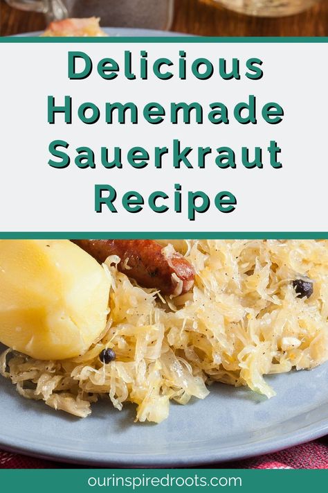 on image text reads - delicious homemade sauerkraut recipe Saurkraut Recipes Homemade, German Sauerkraut Recipe, German Side Dishes, Sauerkraut Casserole, German Sauerkraut, Carrot Recipe, Homestead Recipes, Sauerkraut Recipe, Homemade Sauerkraut