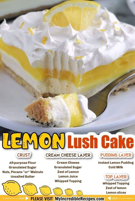 Pin by Ginger Green on Deserts | Lemon lush dessert, Lemon dessert recipes, Lemon desserts Lasagna Cake, Lemon Lush Dessert, Lush Dessert, Lush Cake, Dessert Lemon, Lemon Lush, Desserts Summer, Dessert Oreo, Brisket Recipe