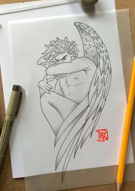 Lucifer Drawing, Fallen Angel Tattoo, Atlas Tattoo, Realistic Tattoo Sleeve, Clover Tattoos, Angel Tattoo Designs, Religious Tattoos, Spooky Tattoos, Tattoo Style Drawings