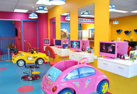 Kids hair salon stations Shampoo Station Ideas, Salon Ideas Interior Design, Kids Barber Shop, Daycare Interior Design, Childrens Salon, Hair Salon Stations, Kids Hair Salon, Kids Barber, Kids Salon