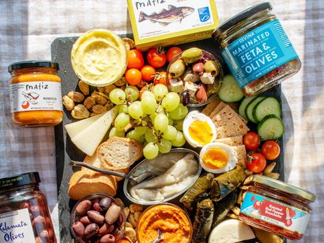 Tinned Fish Charcuterie Board-Appetizers and Sides-Recipes-Inspiration Tinned Fish Board, Seafood Charcuterie, Board Appetizers, Stuffed Vine Leaves, Fish Snacks, Canned Fish, Tinned Fish, Sides Recipes, Romesco Sauce