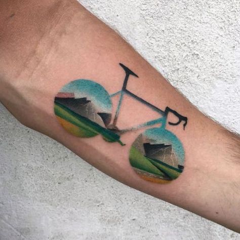 Bicycle Landscape, Mountain Bike Tattoo, Bike Tattoo, Mountain Tattoos, Bicycle Tattoo, Bike Tattoos, Explore Tattoo, Landscape Tattoo, Mountain Tattoo