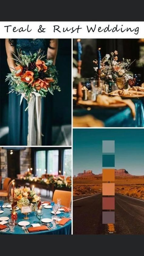 Teal Blue And Rust Wedding, Navy Teal And Burnt Orange Wedding, Teal And Amber Wedding, Teal Green And Orange Wedding, Dark Teal And Burnt Orange Wedding Theme, Burnt Orange And Teal Color Palette, Blue And Burnt Orange Wedding Theme, Dark Teal Burgundy Burnt Orange Wedding, Teal And Orange Wedding Centerpieces