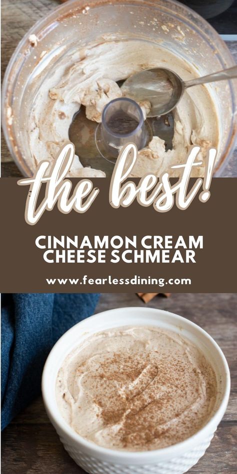 You will love how easy this homemade creamy cinnamon cream cheese spread is. No bagel or sweet potato toast is complete without a good schmear. Top sweet potato toast, or dip fruit into this sweet maple cinnamon cream cheese dip. www.fearlessdining.com Sweet Bagel Toppings, Bagel Schmear Recipe, Cinnamon Spread Recipe, Bagel Spread Recipes, Cinnamon Sugar Cream Cheese, Cinnamon Bagels, Cream Cheese Spread Recipes, Bagel Spread, Homemade Breakfast Recipes