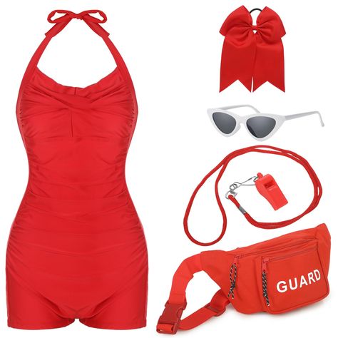 PRICES MAY VARY. Halloween Cosplay Costume Set: you will receive 1 piece of womens red boyleg swimsuit, 1 piece of guard fanny pack, 1 piece of whistle with lanyard, 1 piece of big hair bow and 1 pair of sunglasses, the thoughtful set will satisfy your need of haloween cosplay, and you can also wear them for other summer themed party Bathing Suit for Women: the guard swimsuit is in red color, take the boyleg design, made of quality polyester, reliable and comfortable, which can leave you a joyfu Lifeguard Halloween, Summer Themed Party, Lifeguard Costume, Guard Costume, College Costumes, Halloween Costume For Women, Red Hair Bow, Big Hair Bows, Costume For Women