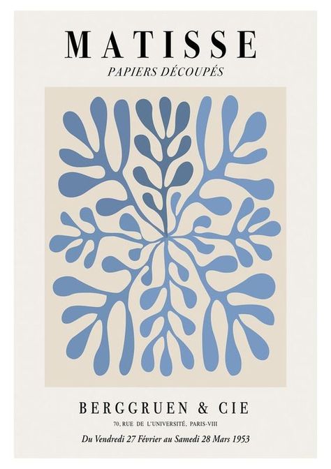 MATISSE PAPIERS DECOUPES light and dark blue leaf fine art exhibition print|#sketch #style #arte #happy #cute #draw #art #artist #love #drawing #artprints #artaesthetic #artinspiration #artideas Vintage Poster Art Blue, Matisse Poster Print, Light Blue Poster Prints, Beachy Prints Wall Art, Vintage Posters Art Deco, Poster Prints Blue, Blue Poster Prints, Dark Blue Poster, Retro Wall Prints