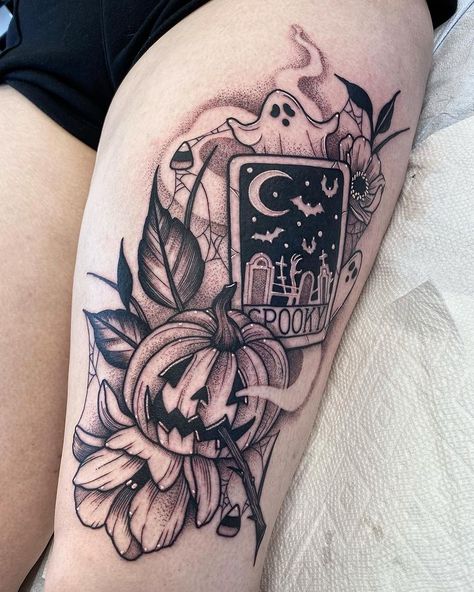 All Posts • Instagram Halloween Calf Tattoo, Spooky Whimsical Tattoo, Halloween Hip Tattoo, Couldren Tattoo Design, Halloween Spine Tattoo, Skull Book Tattoo, Halloween Shoulder Tattoo, Spooky Feminine Tattoos, Spooky Thigh Tattoos Women