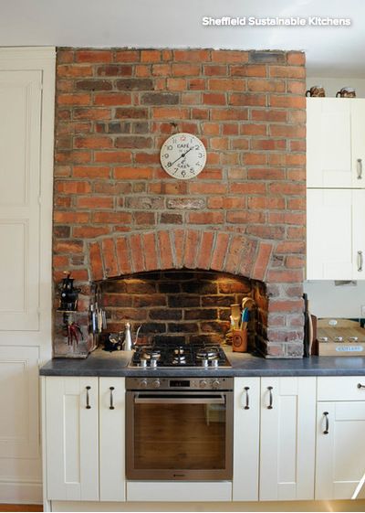 I love the brick fireplace that's been incorporated into the kitchen, especially with the lights in the chimney. Terraced House Kitchen, Terrace House Kitchen, Kitchen Victorian, Kitchen Chimney, Brick Kitchen, Victorian Kitchen, Chimney Breast, Sustainable Kitchen, Brick Oven