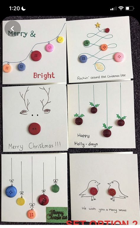 Cards With Buttons, Button Christmas Cards, Diy Holiday Cards, Christmas Cards Kids, Christmas Buttons, Christmas Card Art, Homemade Christmas Cards, Christmas Card Crafts, Easy Christmas Crafts