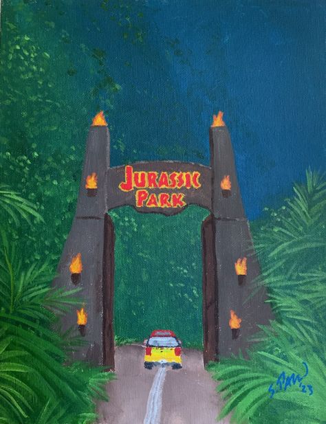 Jurassic World Painting, Jurassic Park Painting Canvas, Jurassic Park Crafts, Dinosaur Painting Ideas, Jurassic Park Painting, Jurassic Park Drawing, Jurassic Park Gate, Movie Paintings, Jurassic Park Trilogy