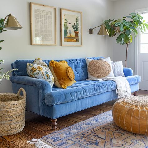 Apartment Living Room Blue Couch, Small Living Room Blue Sofa, Apartment Decor Blue Couch, Light Blue Living Room Ideas, Light Blue Velvet Couch, Light Blue Couch, 70s Living Room Blue Couch, Apartment Aesthetic Blue Couch, Light Blue Living Room