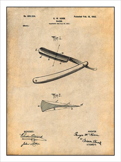 1902 Straight Razor Patent Print Art Drawing Poster Barber Shop Decor, Drawing Poster, Shop Decor, Straight Razor, Patent Prints, Barber Shop, Art Drawing, Art Paper, Design Elements