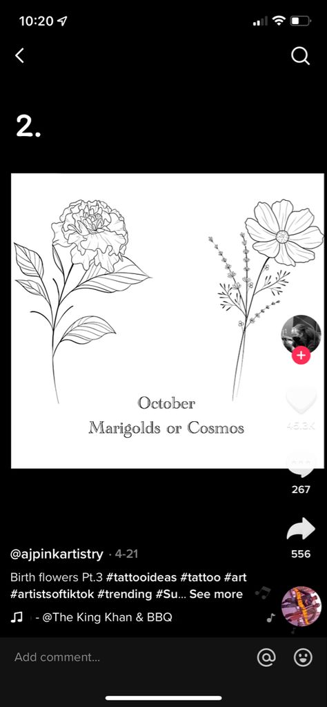 Marigold And Cosmos, Marigold Tattoo, Cosmos Tattoo, Cute Tiny Tattoos, Dad Tattoos, Marigold Flower, Matching Tattoo, Matching Tattoos, Birth Flowers