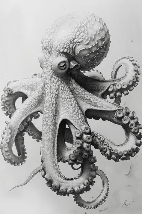 Pencil drawing of a complete female octopus in Gustave Dore art style, alien type, side view on a white background. Posiden Octopus Tattoo, Cracken Octopus Drawing, Cool Octopus Drawing, Blue Ringed Octopus Drawing, Octopus Art Painting, Female Octopus, Octopus Art Drawing, Kraken Drawing, Drawing Octopus