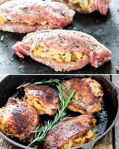 Apple Bacon and Blue Cheese Stuffed Pork Chops - thick cut pork chops stuffed with a delicious stuffing made with apples, bacon and blue cheese. Cheese Stuffed Pork Chops, Cheese Pork Chops, Balsamic Pork Chops, Thick Cut Pork Chops, Stuffed Pork Chops, Apple Pork, Balsamic Pork, Apple Pork Chops, Jo Cooks