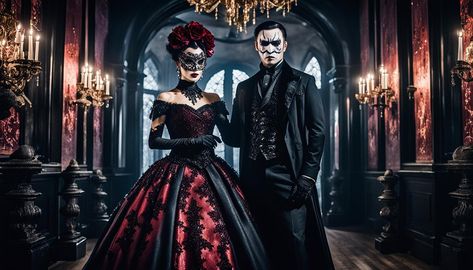 🎭 Join Us at the Enchanting Gothic Masquerade Ball – A Night of Rare Elegance and Mystery 🌹✨ Masquerade Ball Couple, Fantasy Masquerade Ball, Victorian Masquerade Ball, Gothic Ballroom, Masquerade Ball Aesthetic, Fantasy Masquerade, Ball Couple, Victorian Masquerade, Gothic Masquerade