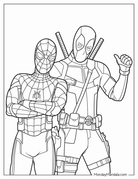 If you're a lover of comic books and the MCU, you are in for a real treat with these 20 mischievous Deadpool coloring pages that are all free to download and print! If you have a student or a young one that is looking for an engaging coloring activity, these printables are sure to fit the bill! Printable Superhero Coloring Pages, Colouring Pages Spiderman, Colouring Pages Marvel, Spiderman And Deadpool Drawing, Deadpool And Wolverine Coloring Pages, X Men Coloring Pages, Cool Coloring Pages Creative, Colorable Drawings, Spiderman Colouring