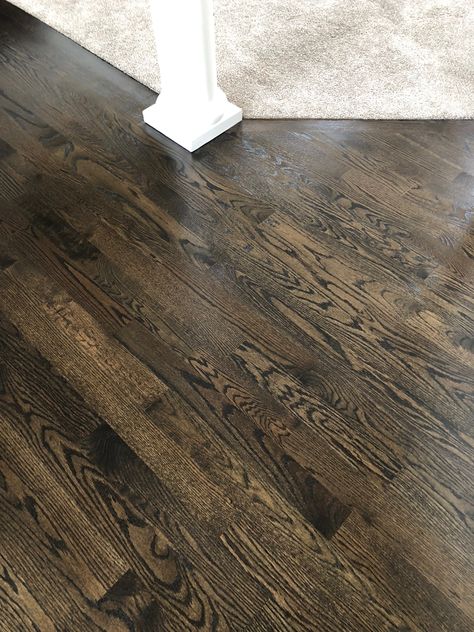 75% Jacobean and 25% Ebony with satin finish Ebony Stained Wood Floors, Ebony Wood Floors, Jacobean Floors, Hardwood Floor Stain Colors, Oak Floor Stains, Floor Stain Colors, Wood Floor Stain Colors, Wood Floor Colors, Wood Floor Finishes