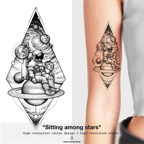 Stars Galaxy Tattoo, Galaxy Tattoo Stencil, Astronaut Tattoo Stencil, Tattoo Solar System, Tattoo Planets, Planets Tattoo, Blitz Tattoo, Planet Tattoo, Rocket Tattoo