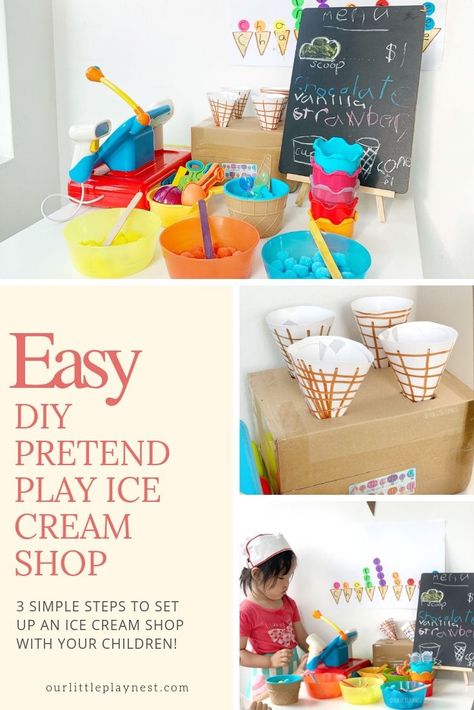 Easy set up of this DIY Ice Cream Dramatic Play Scene for imaginative play and role playing. Children will love this Ice Cream Pretend Play Cart. Set it up with your children in 3 simple steps! Ice Cream Dramatic Play, Dramatic Play Toddlers, Play Ice Cream Shop, Pretend Play Ice Cream, Dramatic Play Diy, Diy Pretend Play, Ice Cream Seller, Play Ice Cream, Diy Toddler Toys