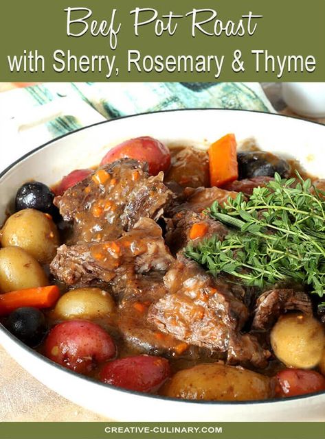 This  Sherry Pot Roast with Rosemary, and Thyme is slow cooked in the oven with carrots and potatoes and turns out tender and luscious with the most amazing gravy! Italian Pot Roast, Rosemary Roasted Potatoes, Cold Weather Comfort Food, Rosemary And Thyme, Beef Pot Roast, Beef Gravy, The Last Meal, Carrots And Potatoes, Roasted Carrots