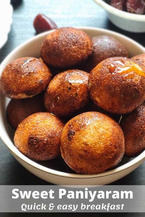 This sweet rava paniyaram recipe with dates and coconut is from South India. A perfect breakfast for busy mornings, it can also be enjoyed as a snack and packed in the tiffin box. #sweetpaniyaram #coconutdatespaniyaram #easypaniyaramrecipe #easybreakfast #quickbreakfast #easykidsrecipe #tiffinrecipe Recipe With Dates, Quick Vegan Breakfast, Paniyaram Recipes, Instant Breakfast Recipe, Quick Easy Breakfast, Breakfast Recipes Easy Quick, Tiffin Recipe, Easy Breakfast Recipe, Instant Breakfast