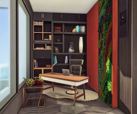 Sims 4 Office Ideas No Cc, Sims Office Ideas, Sims 4 Home Office, Sims 4 Office, Sims 4 Penthouse, Penthouse Room, Sims 4 Loft, Sims 4 Modern House, House Flipper