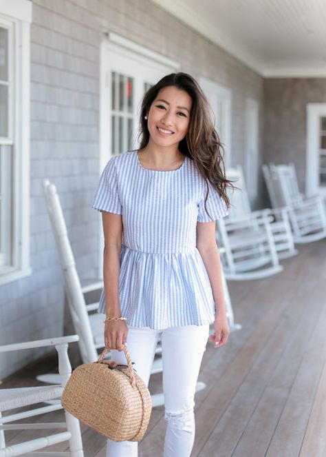 striped peplum top straw basket bag nantucket outfit Nantucket Outfit, Seersucker Top, Extra Petite, Basket And Crate, Wine Food, Style Korean, Girls Fashion Clothes, Food Festival, 80s Fashion