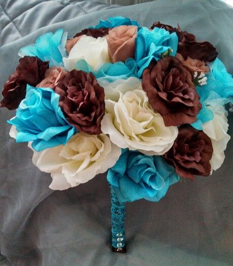 Turquoise, Chocolate Brown, Mocha, & Ivory Turquoise Wedding Flowers, Turquoise Bouquet, White Rose Wedding Bouquet, Rose Colors, Country Wedding Cakes, White Roses Wedding, Malibu Blue, Blue Wedding Bouquet, Camo Wedding