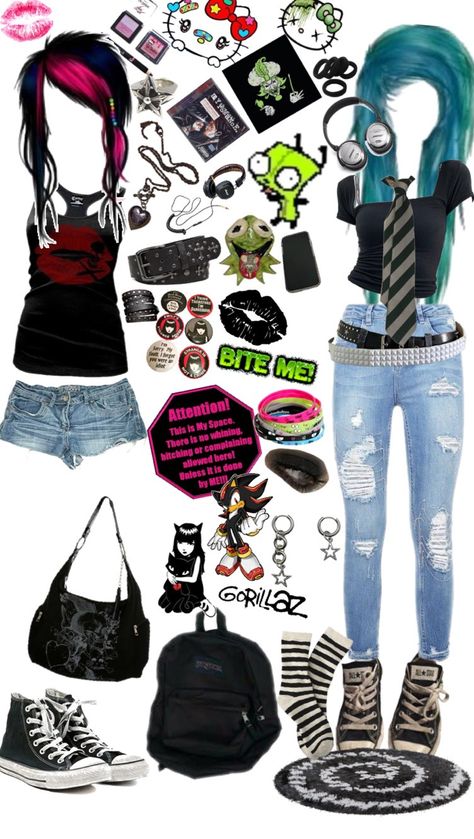 Outfit by J☆ - Two scene qweens goin to skool 🤭 X3 Scenemo Outfits 2000s, Scene Kid Outfits 2000s, 2007 Fashion Outfits, Sence Style, Scene Aesthetic Outfits, Scene Outfit Ideas, Scene Queen Outfit, Scene Outfits Aesthetic, Scenecore Outfit