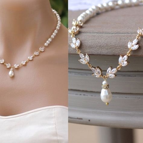 Bridal Jewelry Pearl, Pearl Gold Necklace, Crystal Wedding Necklace, Bridal Necklaces, Gold Crystal Necklace, Rose Gold Wedding Jewelry, Gold Bridal Necklace, Baby Bangles, Bridal Pearl Necklace