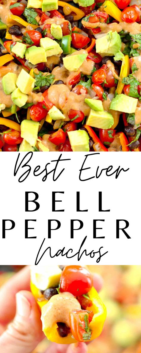 Bell Pepper Nachos Vegan Bell Pepper, Mini Bell Pepper Nachos, Creative Healthy Snacks, Nachos Vegan, Bell Pepper Nachos, Vegan Stuffed Bell Peppers, Pepper Nachos, Healthy Nachos, Vegan Snack Recipes