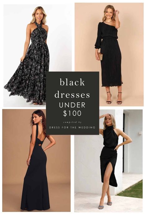 a collage of 4 images of models wearing various black dresses Black Dress For Wedding Guest, Black Dress For Wedding, Gowns For Wedding Guests, Semi Formal Dresses Black, Black Dress Cocktail, Black Cocktail Dresses, Black Bridesmaids, Fall Wedding Guest Dress, Black Dress Formal