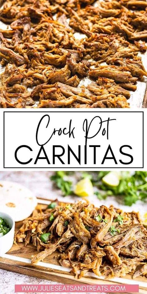 A quick and easy dinner using your slow cooker! These Crock Pot Carnitas are perfectly crispy, yet tender and juicy with so much flavor from the blend of spices. Pile seasoned pork in a soft tortilla with your favorite toppings for an easy weeknight dinner recipe. Pork Roast Slow Cooker, Carnitas Pork, Carnitas Crockpot, Roast Slow Cooker, Slow Cooker Pork Carnitas, Slow Cooker Carnitas, Slow Cooker Pork Roast, Pork Carnitas Slow Cooker, Carnitas Recipe