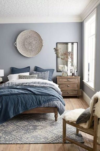 You HAVE TO check out these bedroom ideas for small rooms! They’re SO GOOD! I'm so glad I found these master bedroom ideas for the color blue and keeping it modern, definitely going to use these decor ideas for the home to use a monochromatic color scheme in the bedroom with my interior design! Pinning these blue bedroom ideas for couples for later! Design Ložnic, Small Bedrooms, Gray Walls, Bedroom Wall Colors, Bedroom Ceiling, Bedroom Paint Colors, Couple Bedroom, Gray Bedroom, Modern Bedroom Design