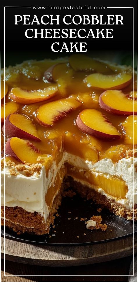 This decadent Peach Cobbler Cheesecake Cake layers a creamy cheesecake over a graham cracker crust, topped with a luscious peach filling. It's the perfect dessert for any occasion, combining the rich flavors of cheesecake and peach cobbler. Peach Cobbler With Graham Cracker Crust, Peach And Cream Cake, Peach Cobbler Canned Peaches Recipes, Unique Dessert Recipes, Can Peach Cobbler, Canned Peach Cobbler Recipe, Peach Cobbler Cheesecake Recipe, Summer Cheesecake, Peach Cobbler Cheesecake