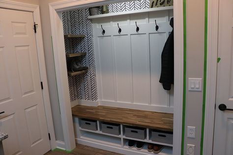 How I Turned This Closet into a Mudroom! Entryway Closet Into Mudroom, Entry Closet With Bench, Entryway Closet Storage, Large Entry Way Closet Ideas, Coat Closet Converted To Mudroom, Built In Closet Mudroom, Closet Turned Into Bench, Mud Room Coat And Shoe Storage, Hall Closet Mudroom Entrance