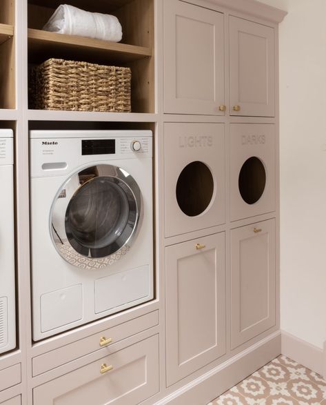 Dreamy Laundry Room, Upstairs Utility Room, Laundry Room 2023, Pink Mudroom, Pink Utility Room, Hidden Utility Room In Kitchen, Pedestal Laundry, Pink Laundry Room, Accent Wall Inspiration