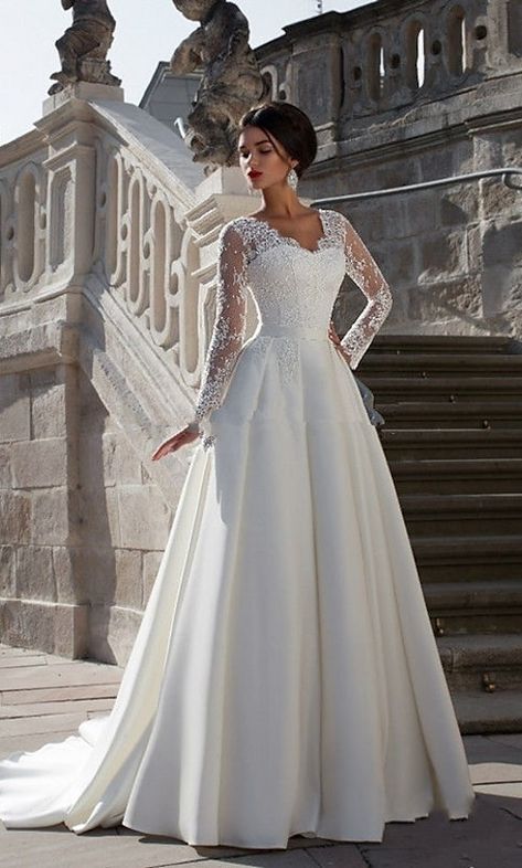 Wedding Dress V Neck, Wedding Gown Ideas, Evening Dresses Wedding, Satin Bridal Gowns, Wedding Ideas On A Budget, Sleeve For Women, Dresses Diy, Lace Wedding Dress With Sleeves, Dresses Satin