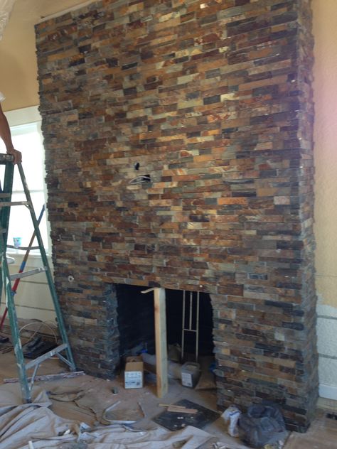 Fireplace with stacked slate! Almost done. Stacked Slate Fireplace, Future Decor, Slate Fireplace, Stone Wall Panels, Natural Stone Fireplaces, Family Room Colors, Natural Stone Veneer, Fake Stone, Natural Stone Wall