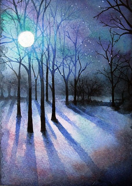 watercolour test to see if I could do a night time version of my woody scene. 자작나무 그림, Nature Landscape Painting, Painting Snow, Winter Watercolor, Watercolor Projects, Night Landscape, Winter Painting, 수채화 그림, Watercolor Landscape Paintings