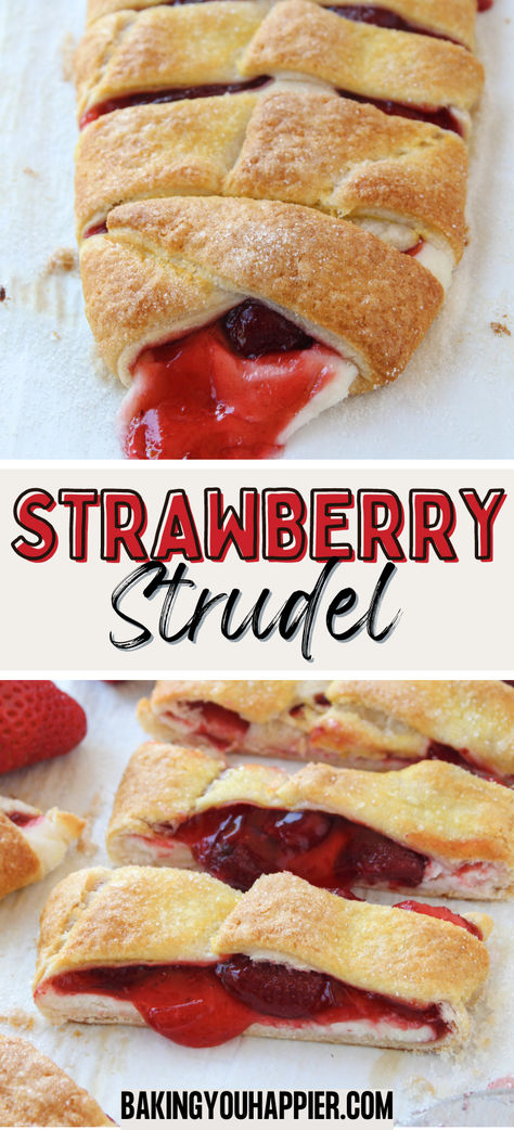 Easy Strawberry Cream Cheese Strudel, a pillowy soft cream cheese mixture combined with strawberry pie filling and wrapped in Crescent Roll! Strawberry Cream Cheese Crescent Rolls, Strawberry Pastry Recipes, Strudel Bites, Cream Cheese Strudel, Cream Cheese Puff Pastry, Cream Cheese Crescent Rolls, Strawberry Pie Filling, Puff Pastry Desserts, Phyllo Dough